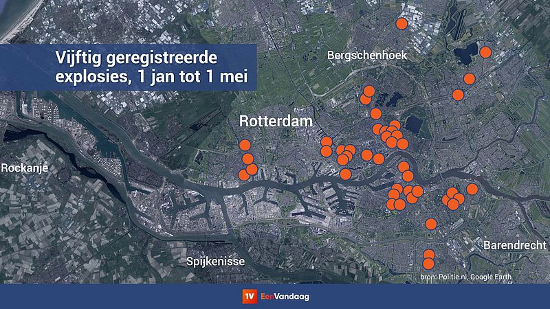 Overzichtskaart van explosies in Rotterdam