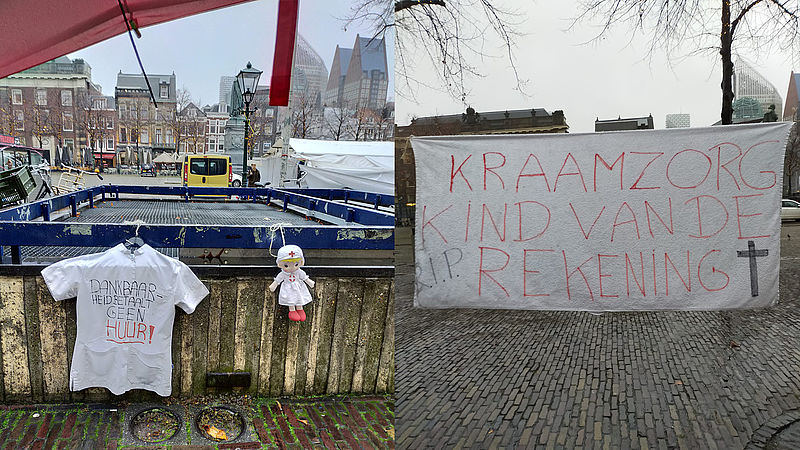 Spandoeken die Astrid ophangt op het Binnenhof als ze demonstreert